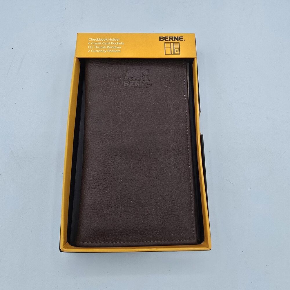 New Mens Berne Brown Leather Wallet, Checkbook Holder, 6 Pouches, Id Window